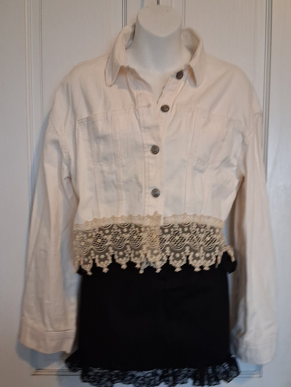 Vera's Upcycled Cream Divided Cropped Denim Jacket With Trendy Old Lace Hem XS